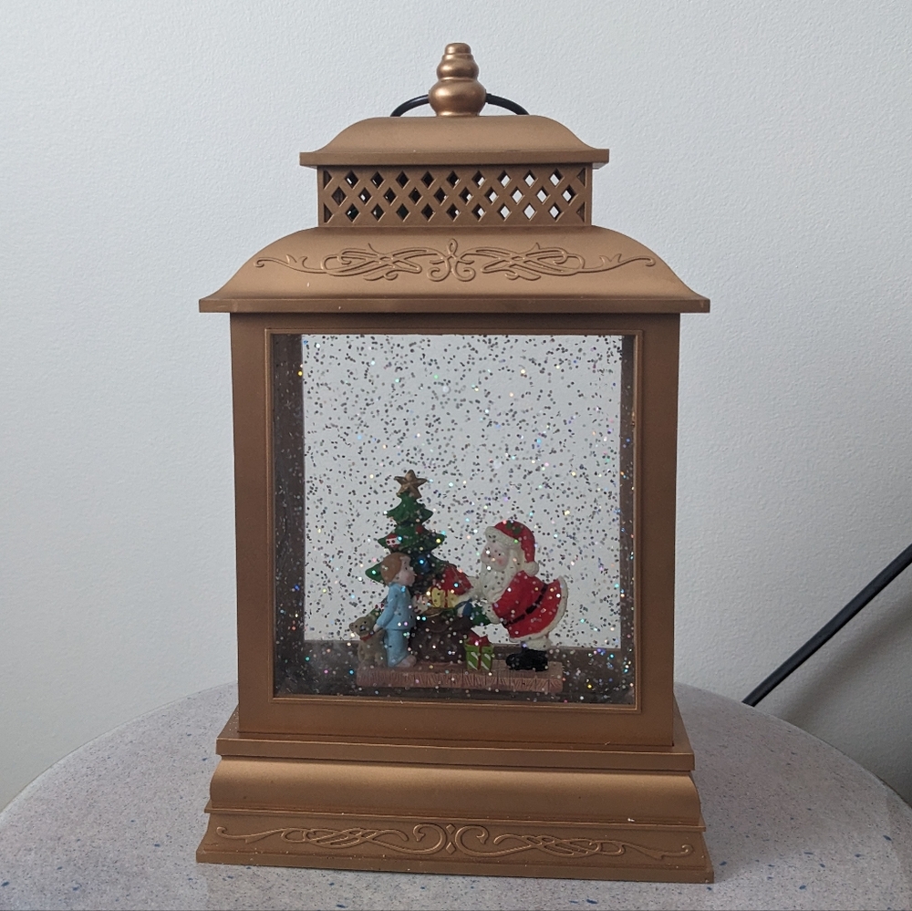 Gold Christmas Lantern with Santa and Tree
